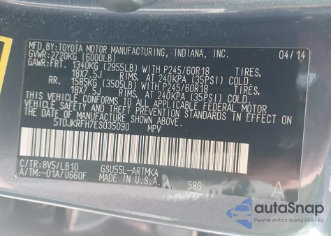 2014 Toyota Highlander Xle V6 from USA, damaged, VIN 5TDJKRFH7ES035090